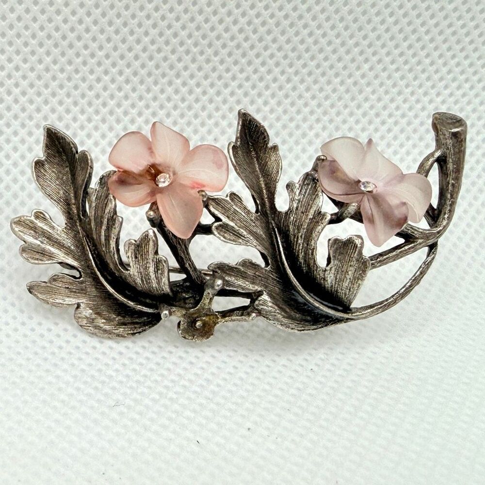 LIA Silver Plated Floral Brooch Pink Carved Flowers Rhinestone Signed Vintage